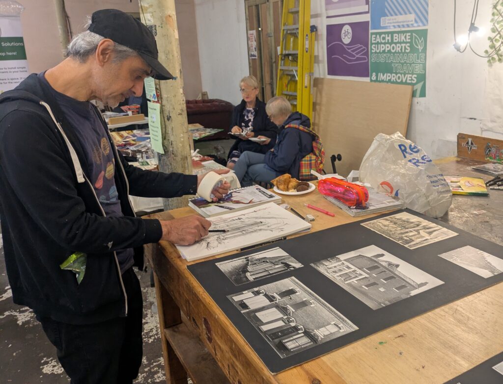 Muhmood Tahir live sketching inspired by Mick Turner at 'Second Saturday', The Old Print Works