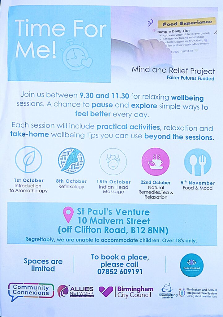 FREE, 9:30 - 11:30am St.Paul's Venture Wellbeing session - ring 07852609191