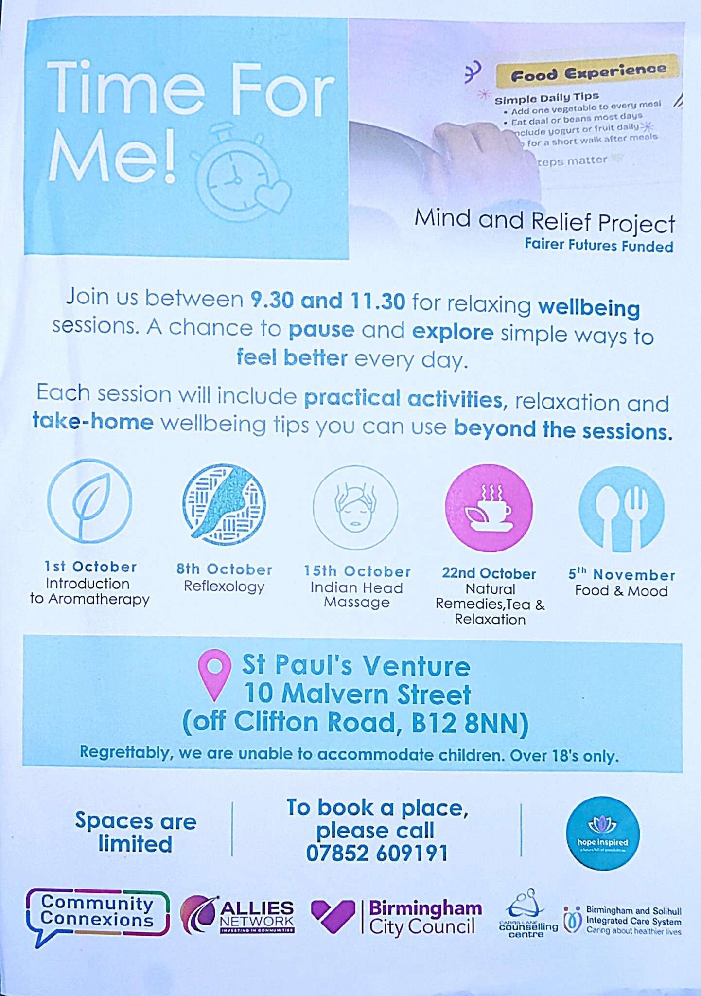 FREE, 9:30 - 11:30am St.Paul's Venture Wellbeing session - ring 07852609191
